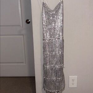 Silver Sequin Fringe Dress
